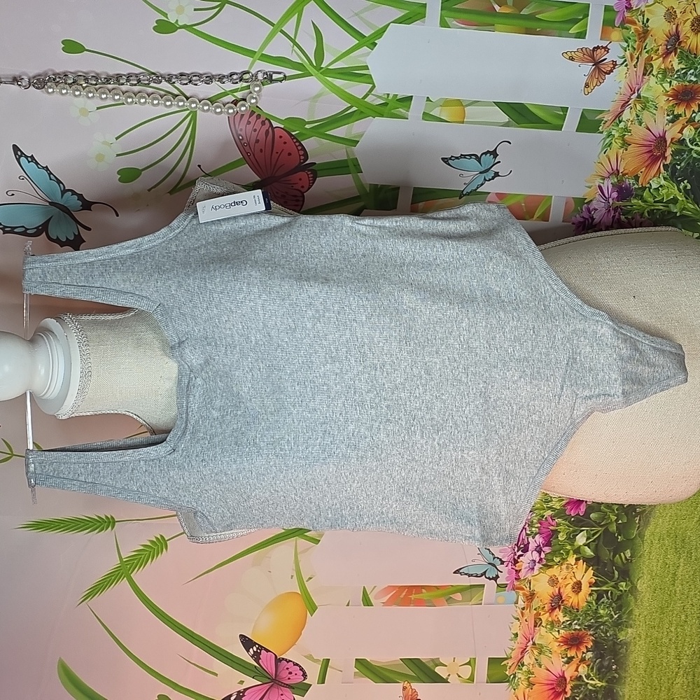 GAP Sleeveless Ribbed Bodysuit With Thong Back Built In Bra Gray